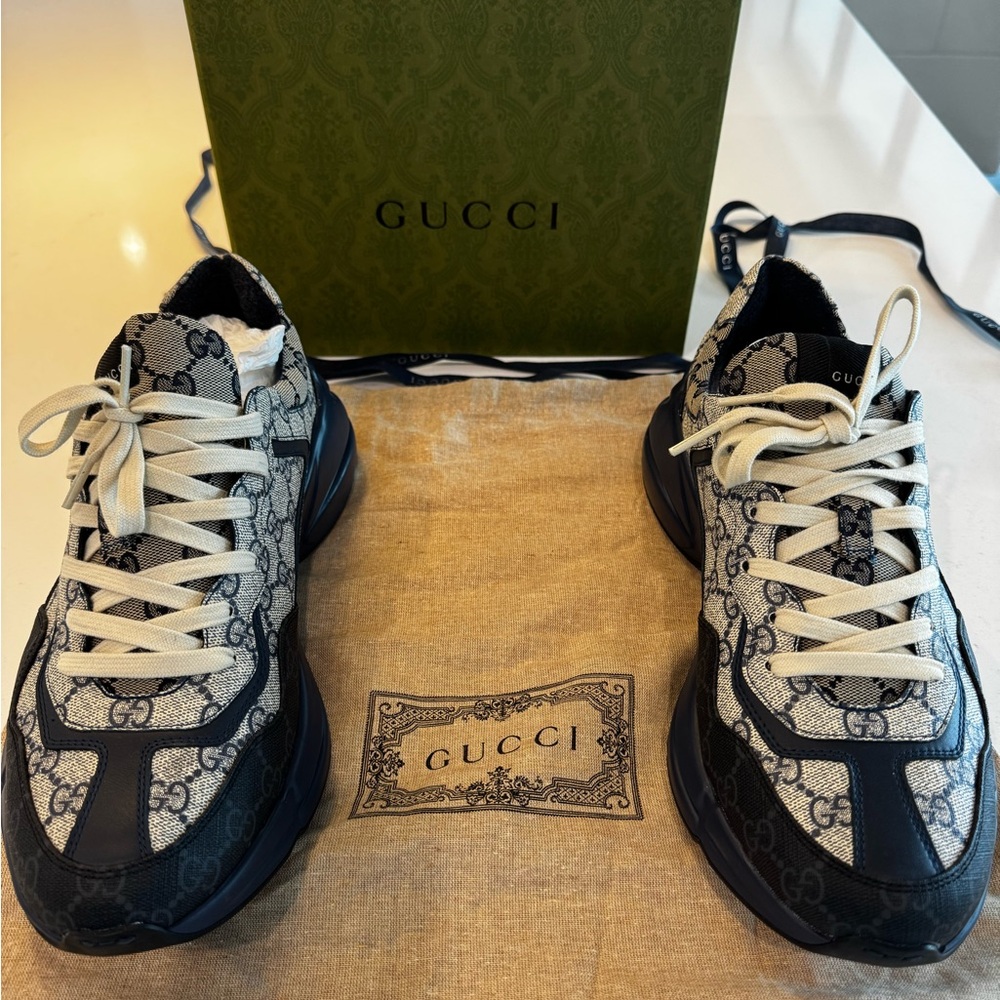 Gucci GG Rhyton Beige Blue Monogram Men’s Supreme Sneakers Size 11 1/2